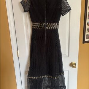 Maje Black Eyelet Midi Dress with Gold Grommet Trim